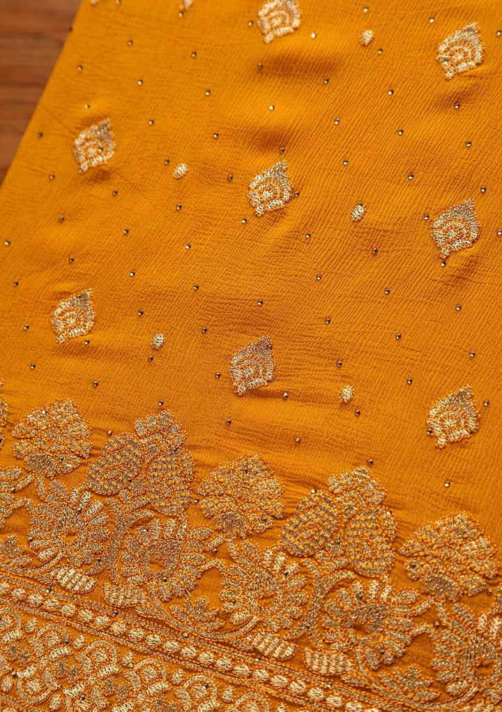 Mustard Zariwork Semi Crepe Designer Unstitched Salwar Suit - koskii