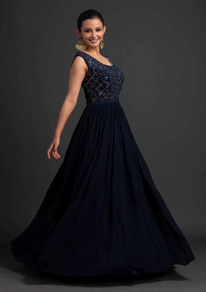 Navy Blue Mirrorwork Georgette Designer Gown - koskii