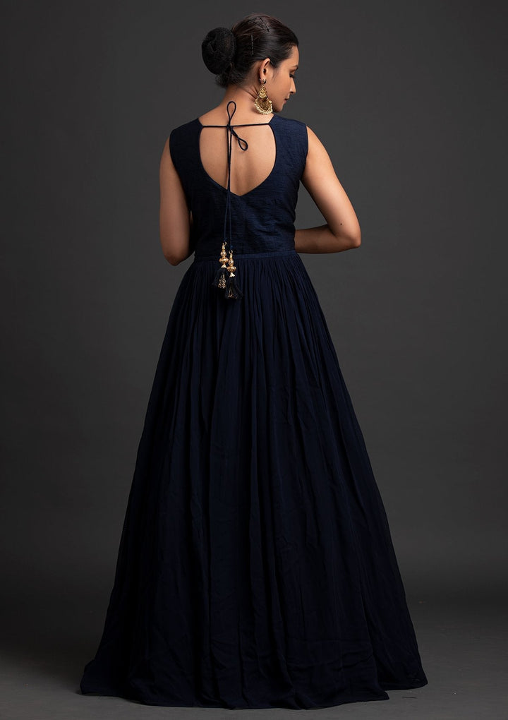 Navy Blue Mirrorwork Georgette Designer Gown - koskii