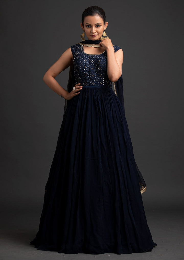 Navy Blue Mirrorwork Georgette Designer Gown - koskii