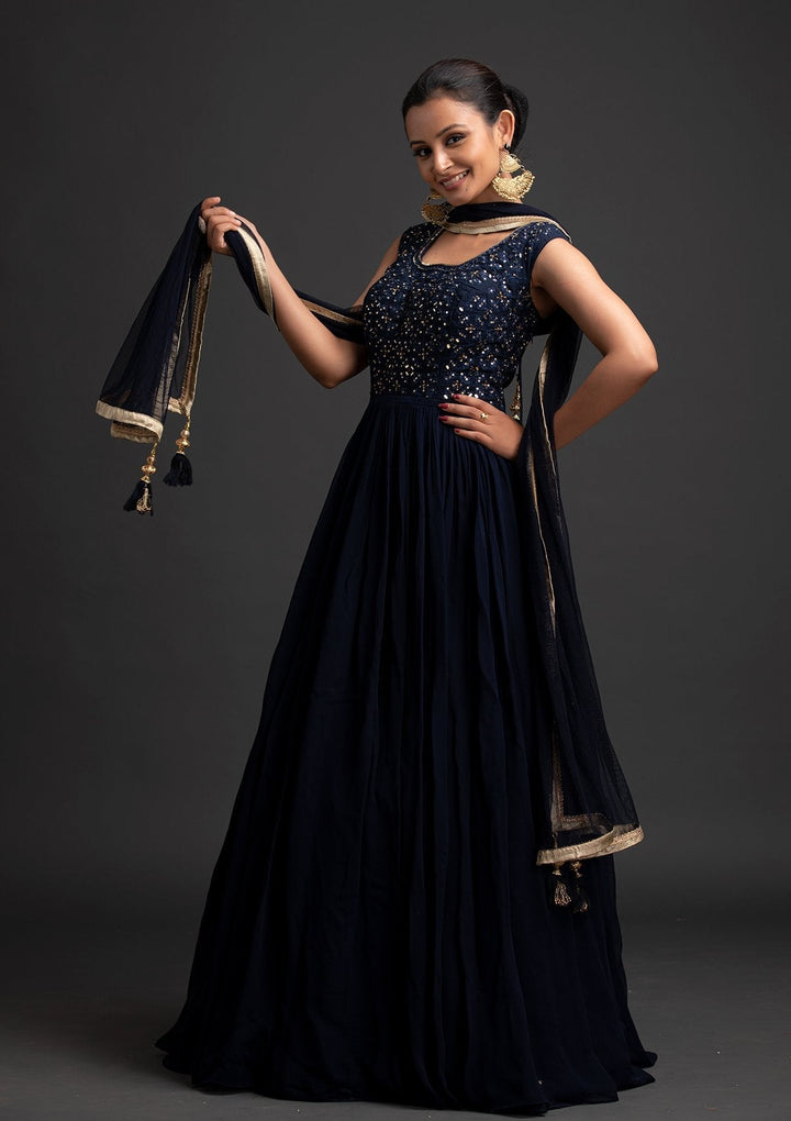 Navy Blue Mirrorwork Georgette Designer Gown - koskii