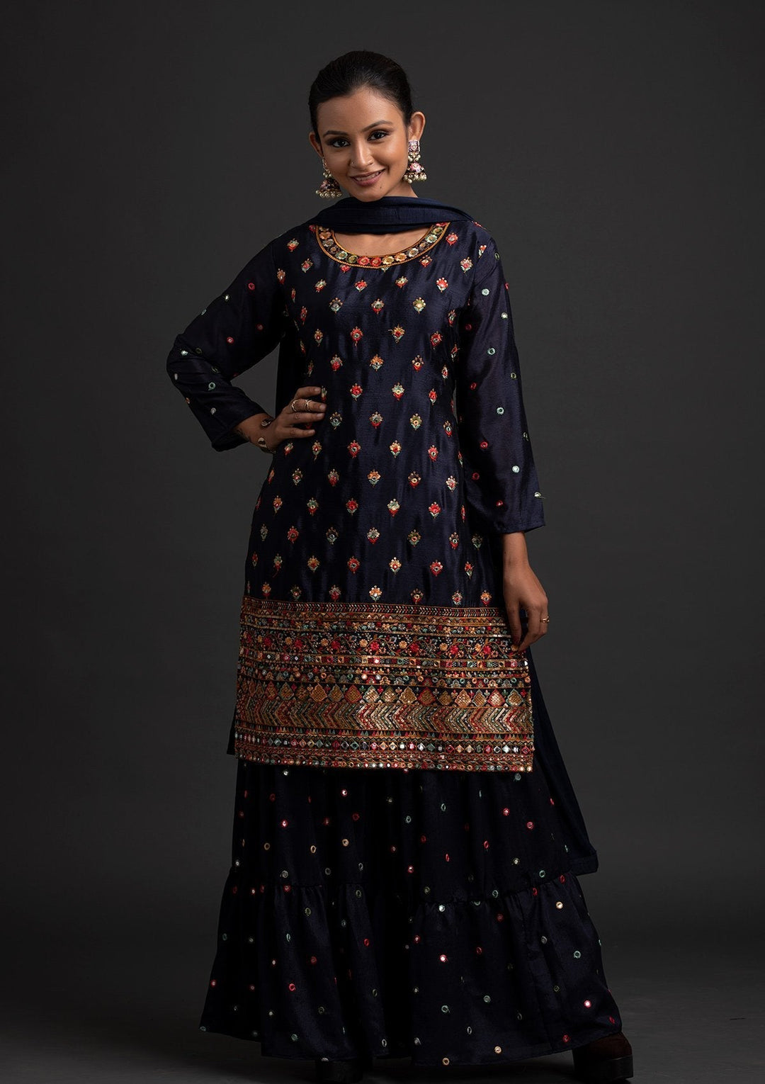 Navy Blue Sequins Art Silk Designer Salwar Suit - koskii