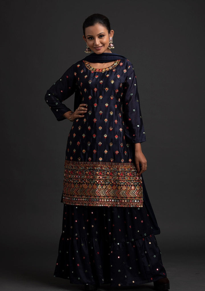 Navy Blue Sequins Art Silk Designer Salwar Suit - koskii