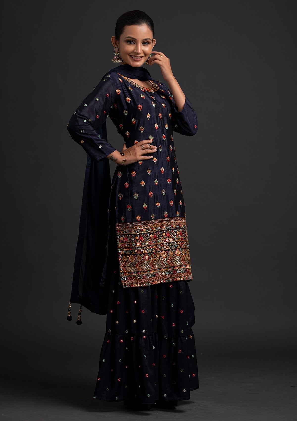 Navy Blue Sequins Art Silk Designer Salwar Suit - koskii