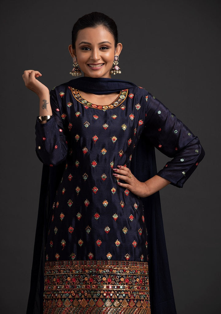 Navy Blue Sequins Art Silk Designer Salwar Suit - koskii