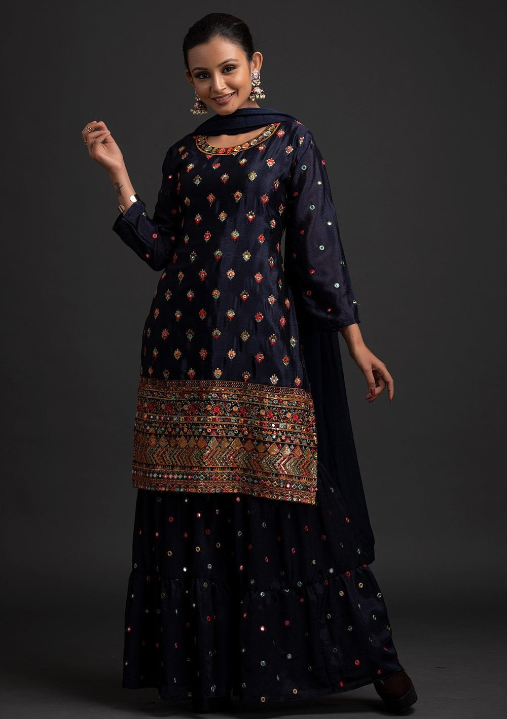 Navy Blue Sequins Art Silk Designer Salwar Suit - koskii
