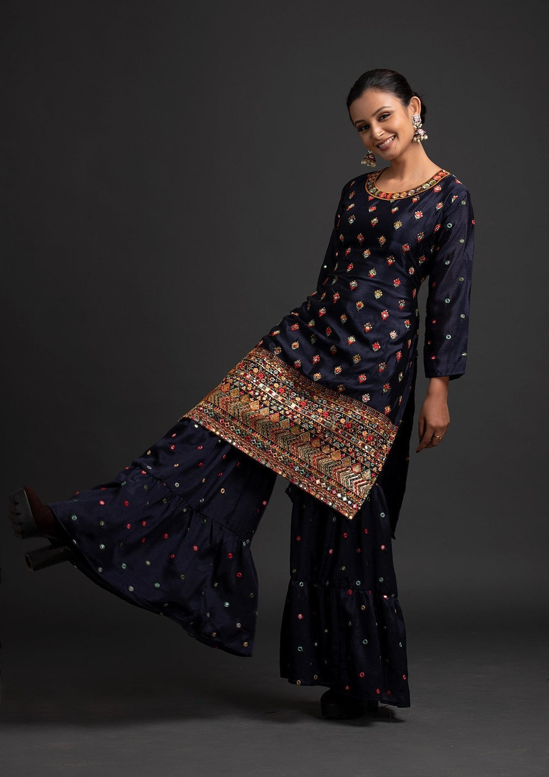 Navy Blue Sequins Art Silk Designer Salwar Suit - koskii