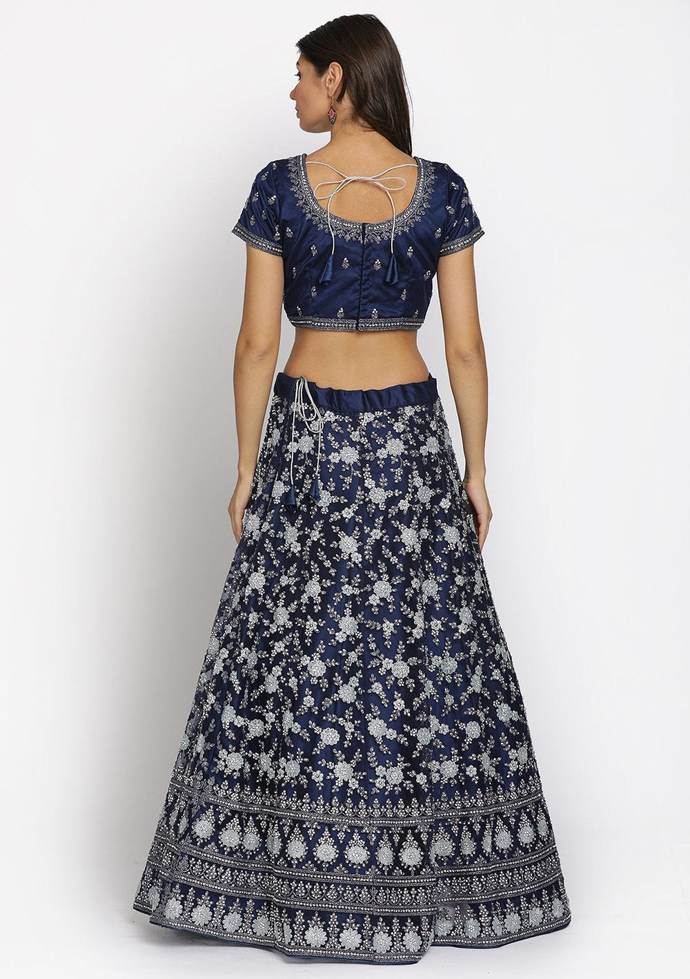 Navy Blue Silver Stonework Net Designer Semi-Stitched Lehenga - koskii