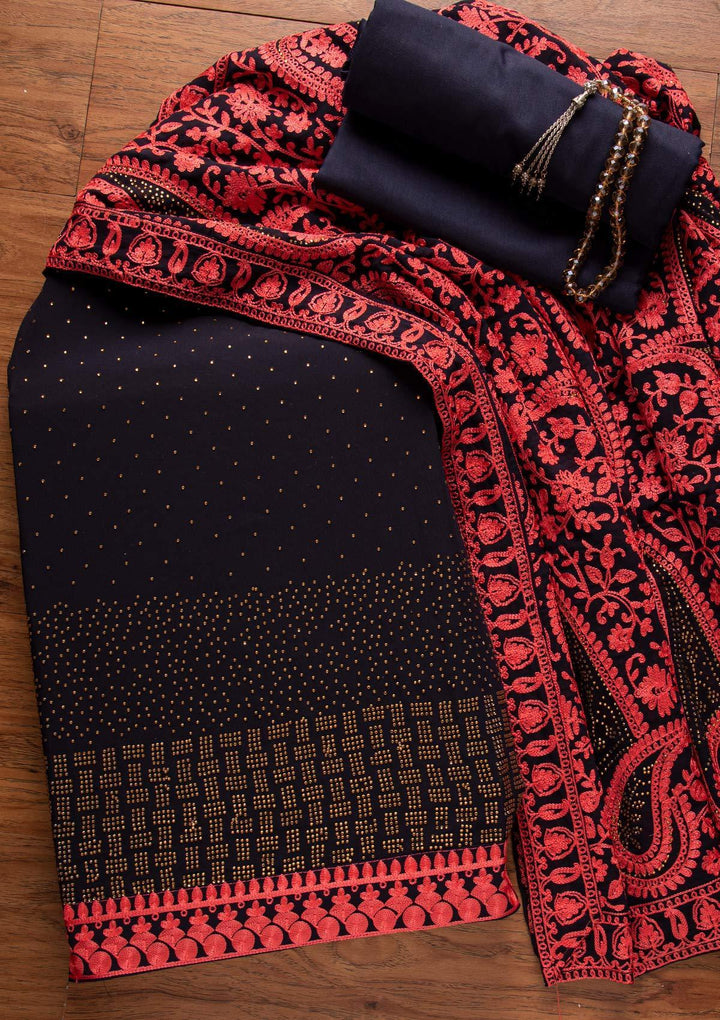 Navy Blue Swarovski Georgette Designer Unstitched Salwar Suit - koskii