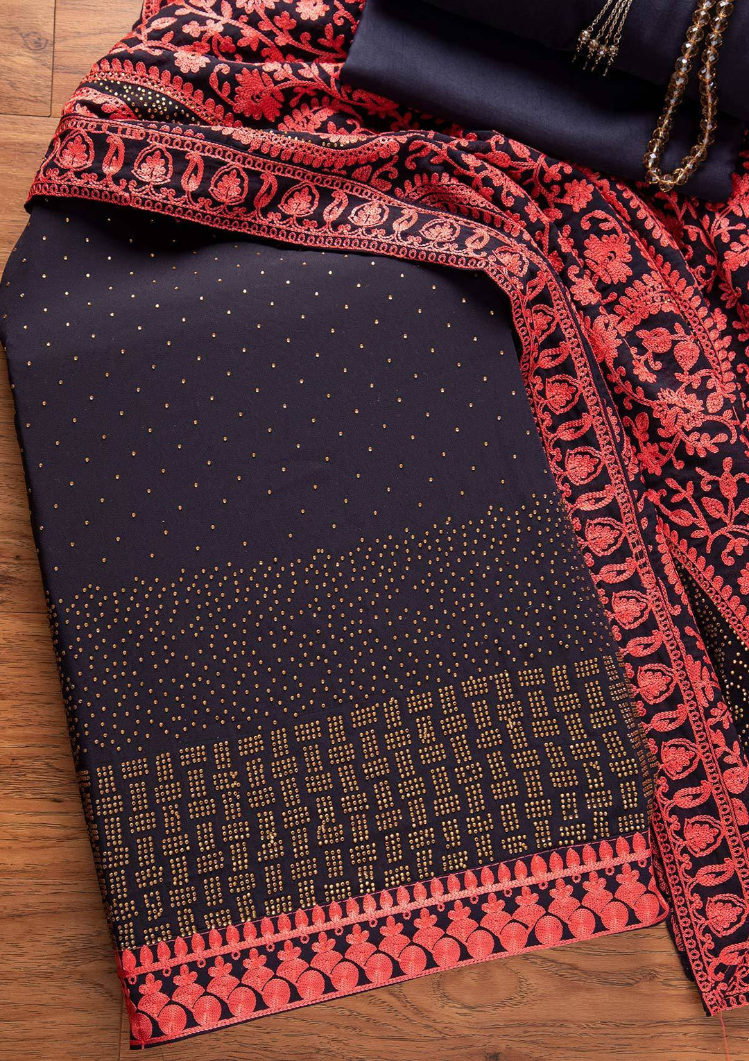 Navy Blue Swarovski Georgette Designer Unstitched Salwar Suit - koskii