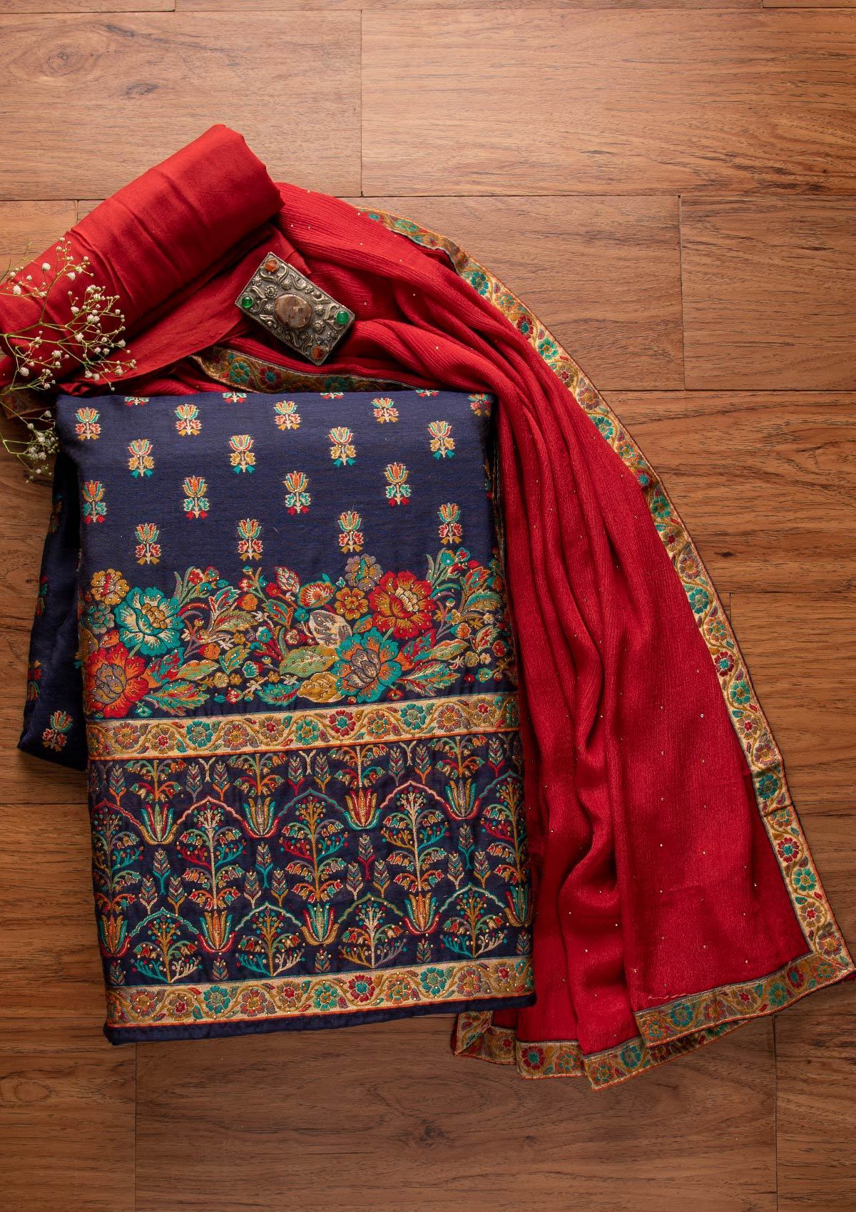 Navy Blue Swarovski Raw Silk Designer Unstitched Salwar Suit - koskii
