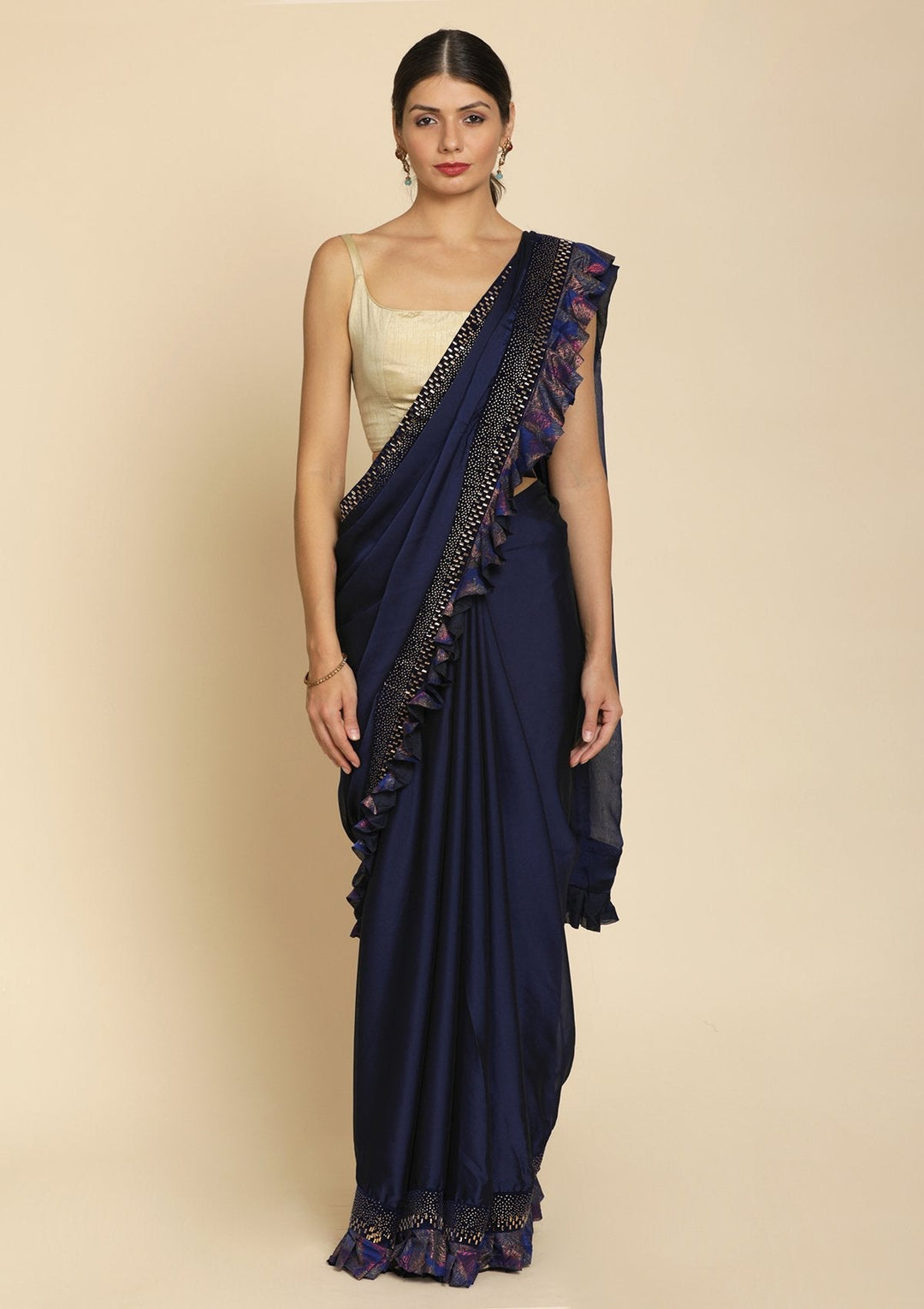 Navy Blue Swarovski Semi Crepe Designer Saree - koskii