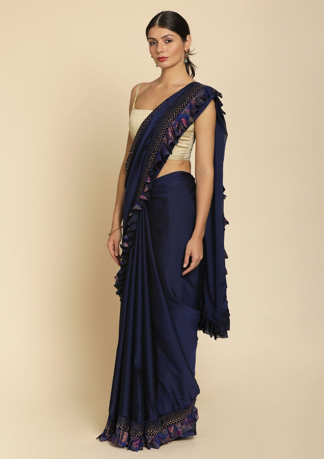 Navy Blue Swarovski Semi Crepe Designer Saree - koskii