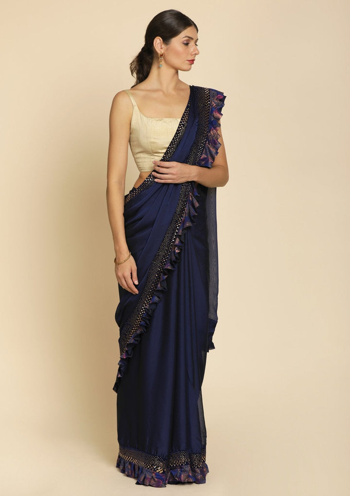 Navy Blue Swarovski Semi Crepe Designer Saree - koskii