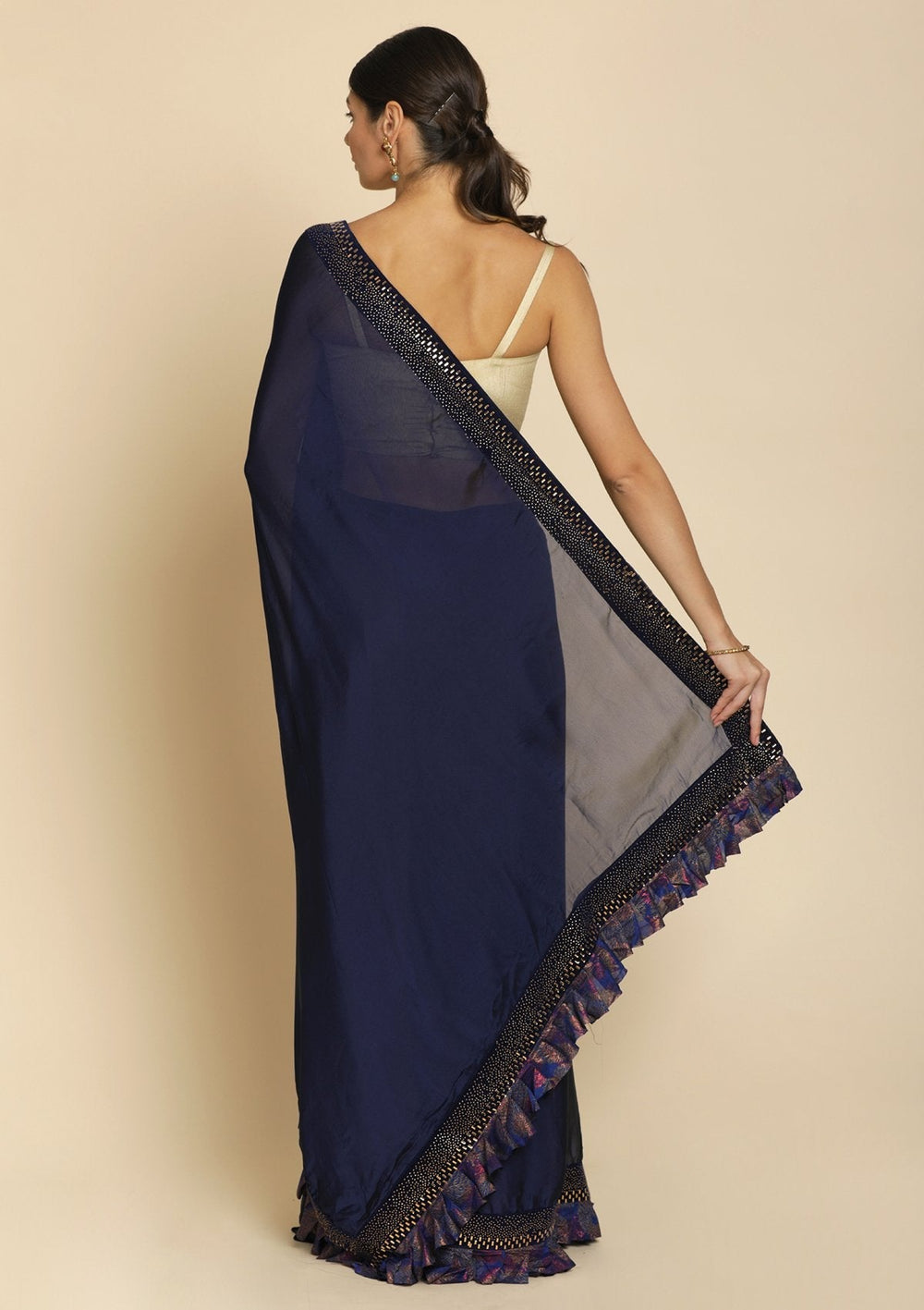 Navy Blue Swarovski Semi Crepe Designer Saree - koskii