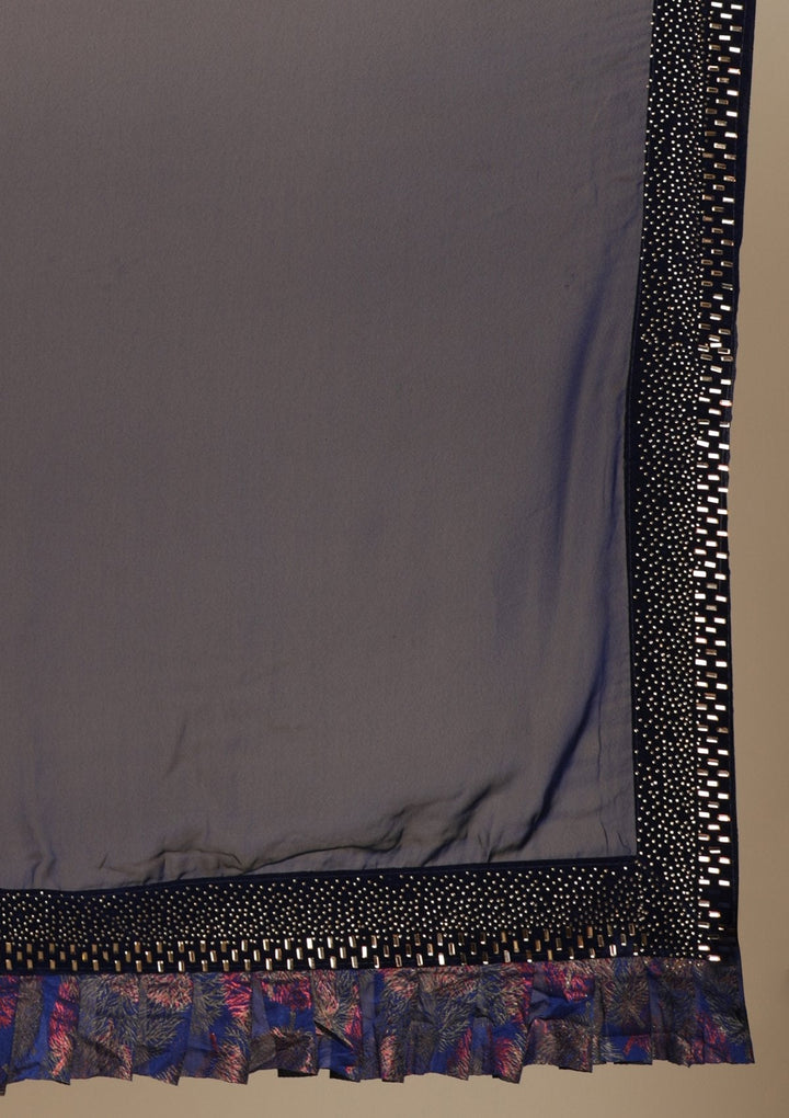 Navy Blue Swarovski Semi Crepe Designer Saree - koskii