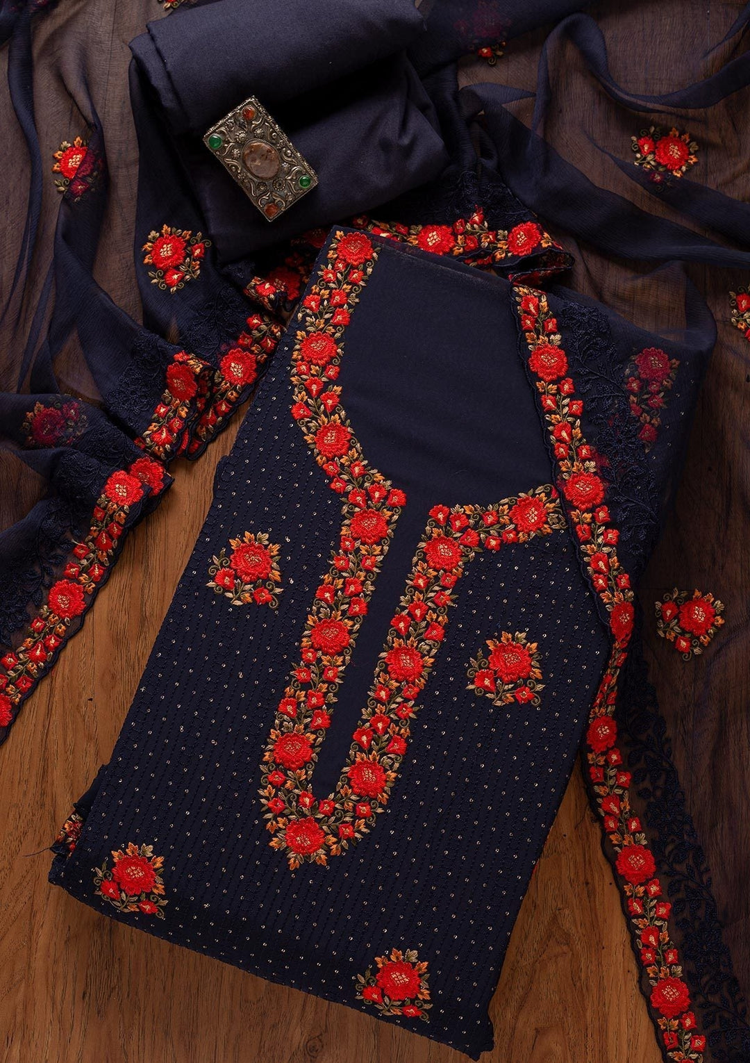 Navy Blue Threadwork Georgette Designer Unstitched Salwar Suit - koskii