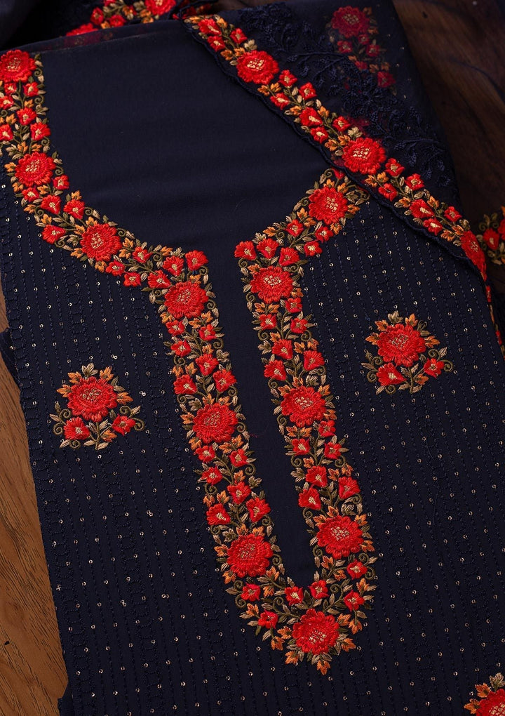 Navy Blue Threadwork Georgette Designer Unstitched Salwar Suit - koskii