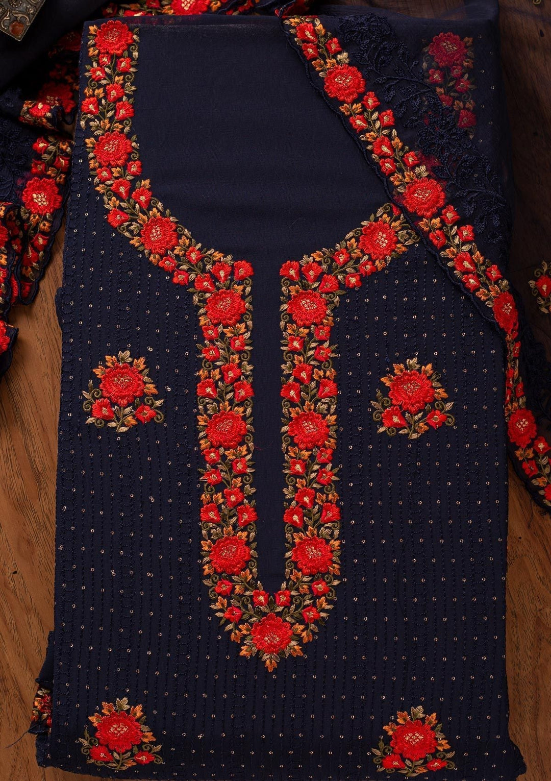 Navy Blue Threadwork Georgette Designer Unstitched Salwar Suit - koskii