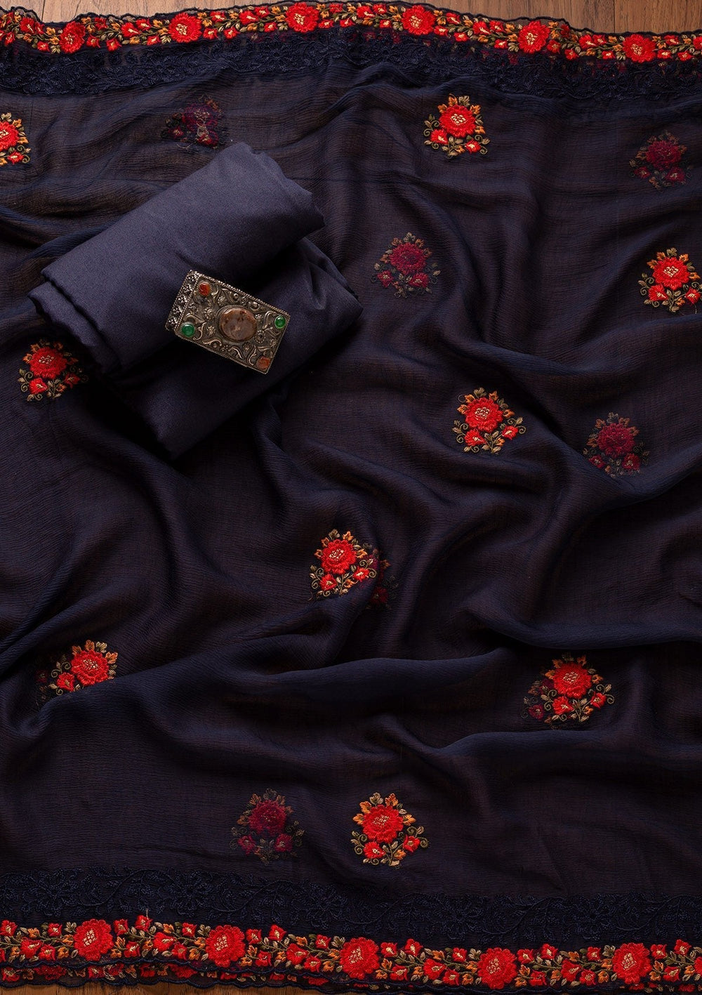 Navy Blue Threadwork Georgette Designer Unstitched Salwar Suit - koskii