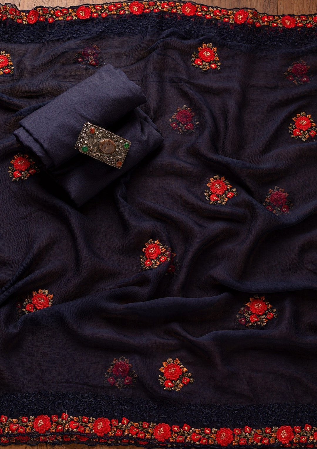 Navy Blue Threadwork Georgette Designer Unstitched Salwar Suit - koskii