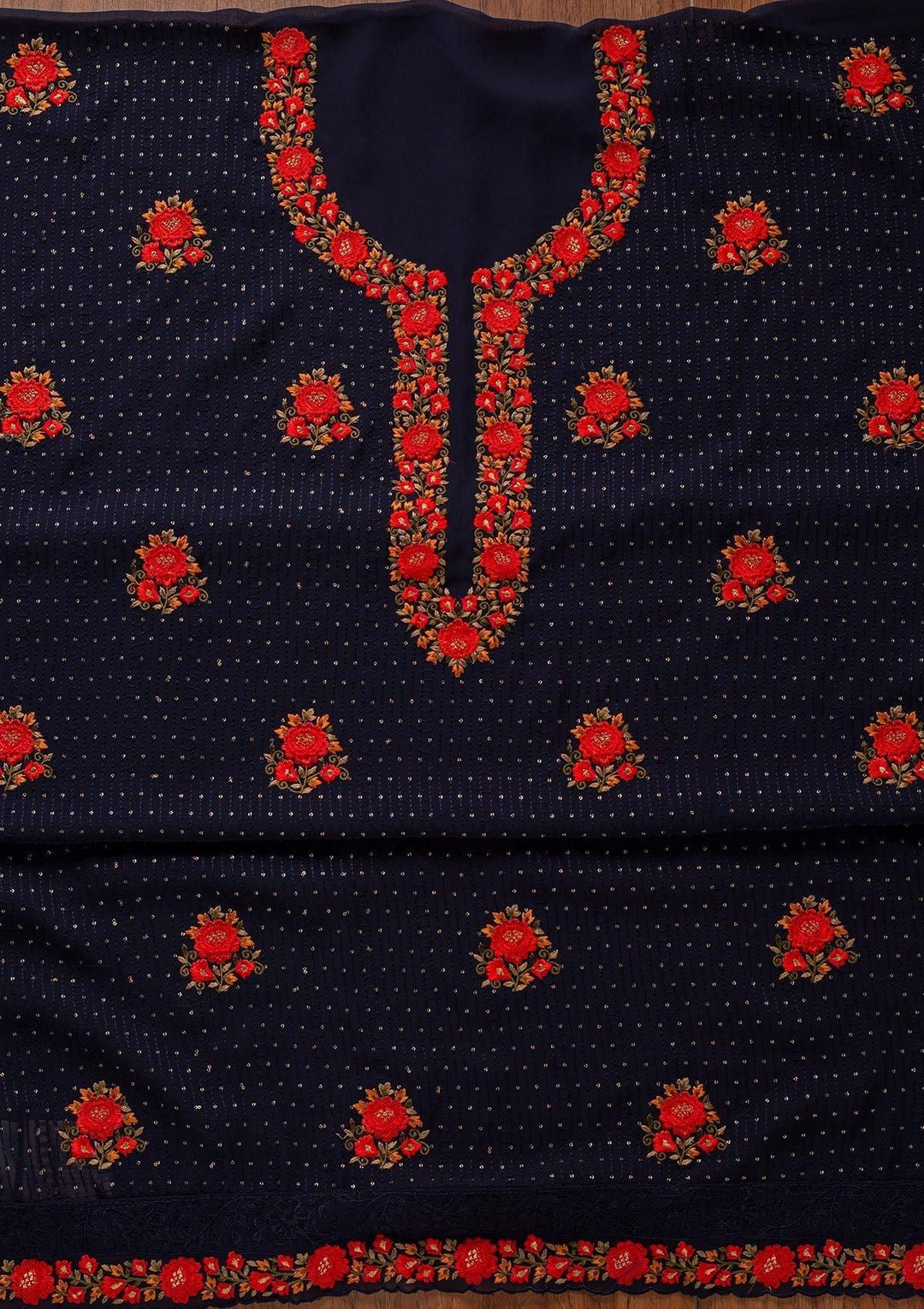 Navy Blue Threadwork Georgette Designer Unstitched Salwar Suit - koskii