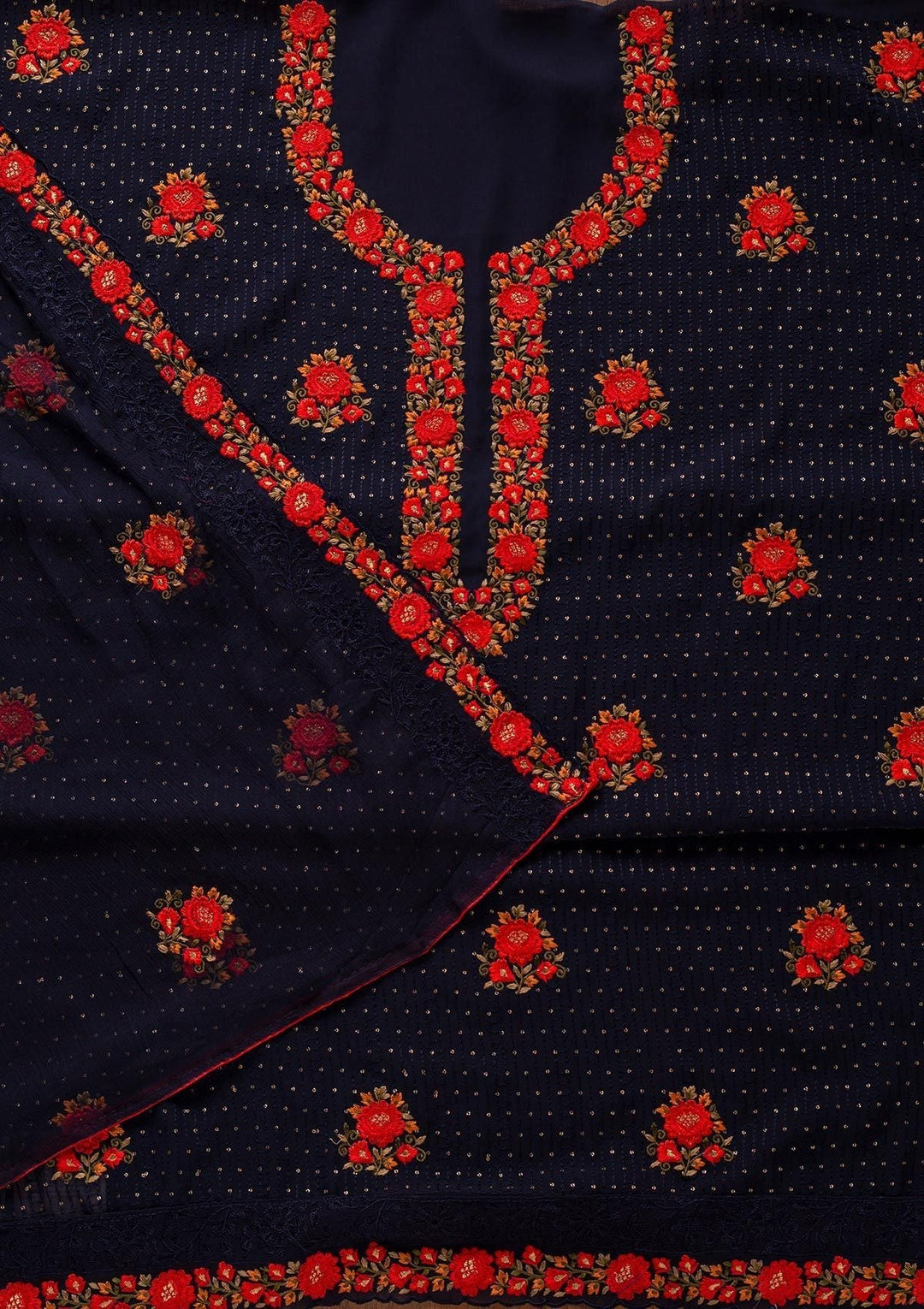 Navy Blue Threadwork Georgette Designer Unstitched Salwar Suit - koskii