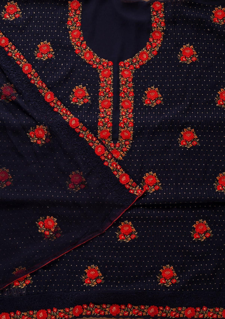 Navy Blue Threadwork Georgette Designer Unstitched Salwar Suit - koskii