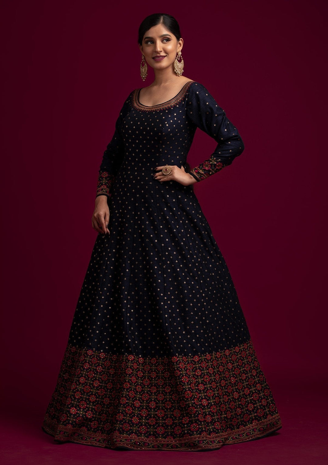 Navy Blue Threadwork Raw Silk Designer Gown - koskii