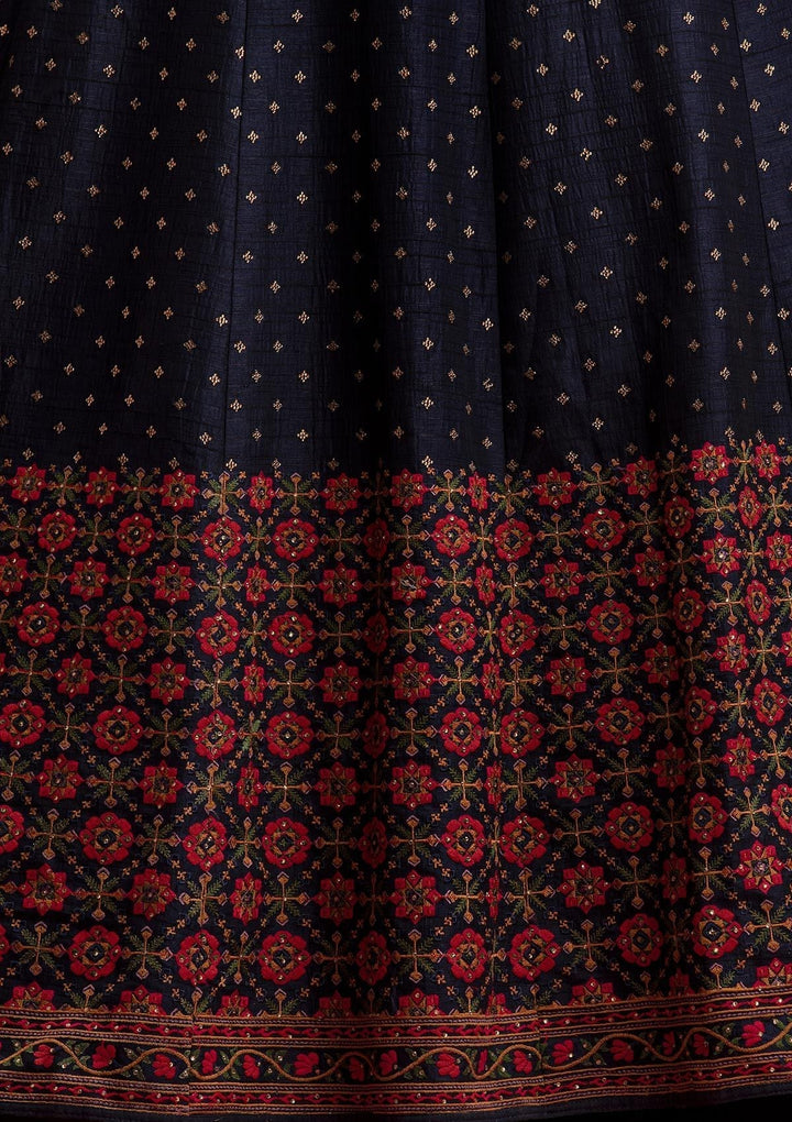 Navy Blue Threadwork Raw Silk Designer Gown - koskii
