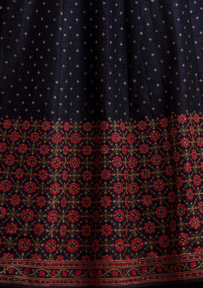 Navy Blue Threadwork Raw Silk Designer Gown - koskii
