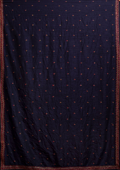 Navy Blue Threadwork Raw Silk Designer Gown - koskii