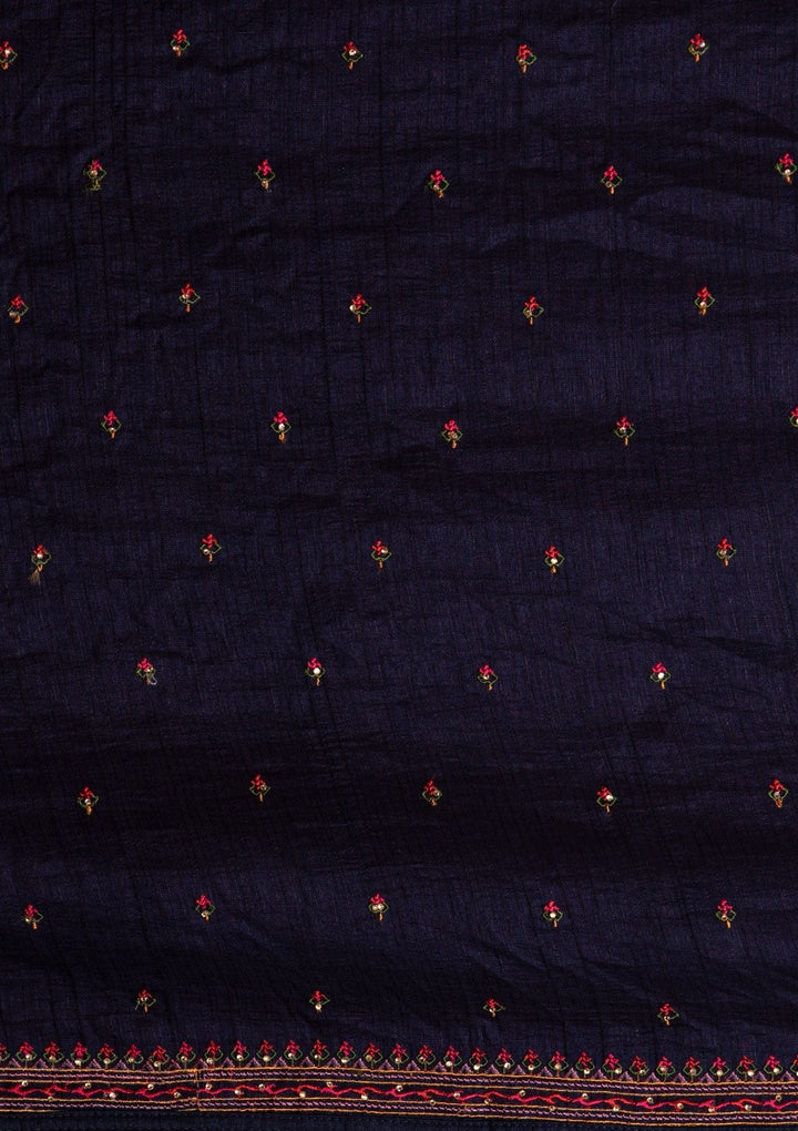 Navy Blue Threadwork Raw Silk Designer Gown - koskii