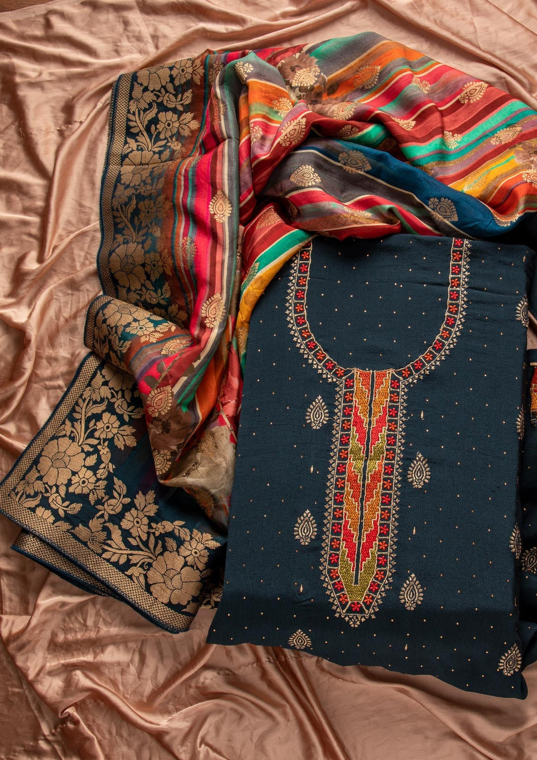Navy Blue Threadwork Semi Crepe Designer Unstitched Salwar Suit - koskii