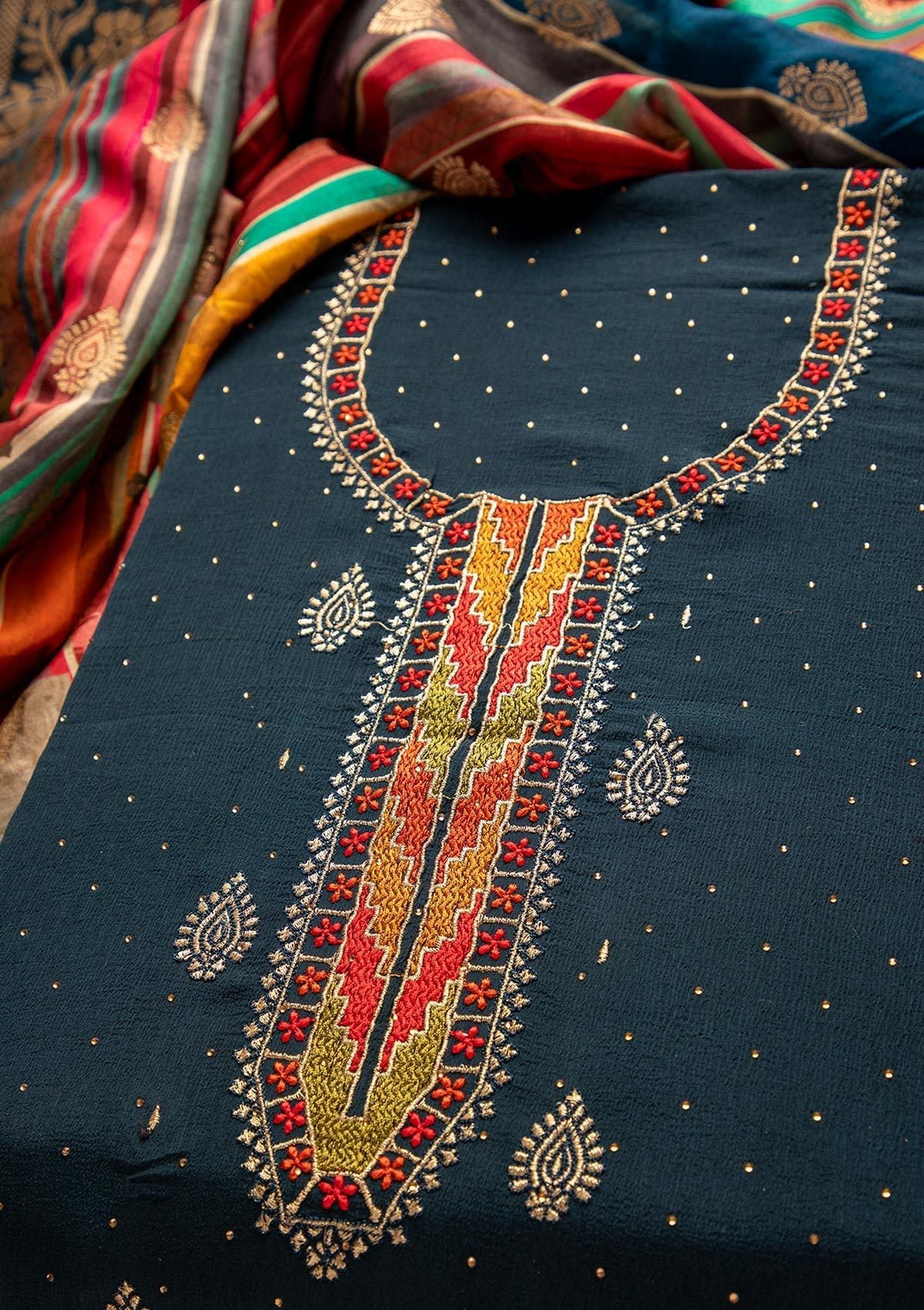 Navy Blue Threadwork Semi Crepe Designer Unstitched Salwar Suit - koskii