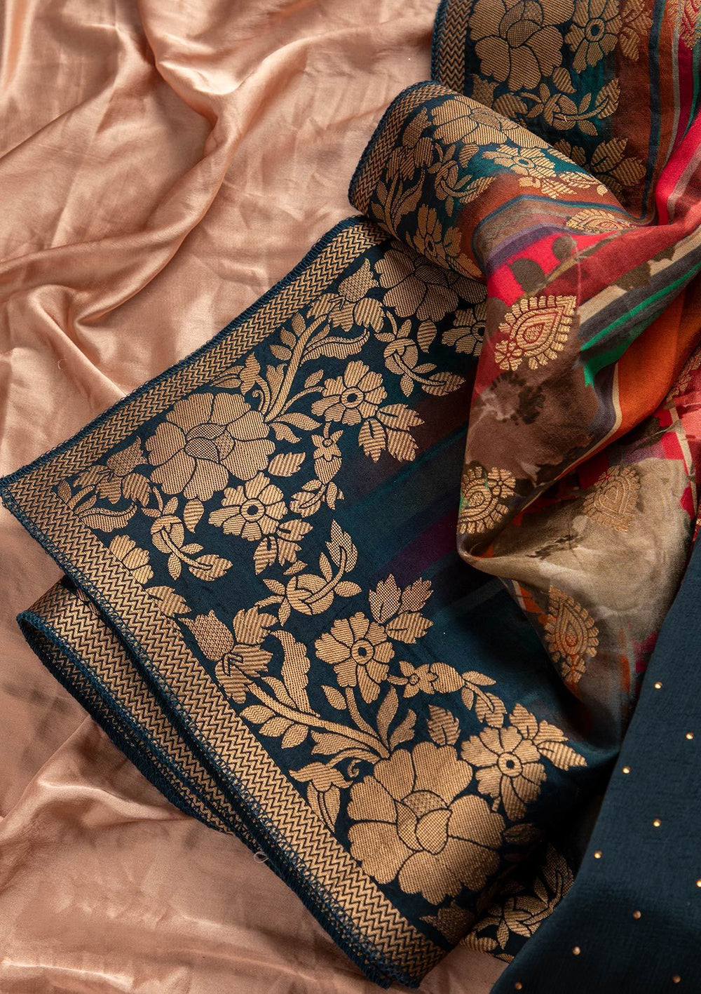 Navy Blue Threadwork Semi Crepe Designer Unstitched Salwar Suit - koskii