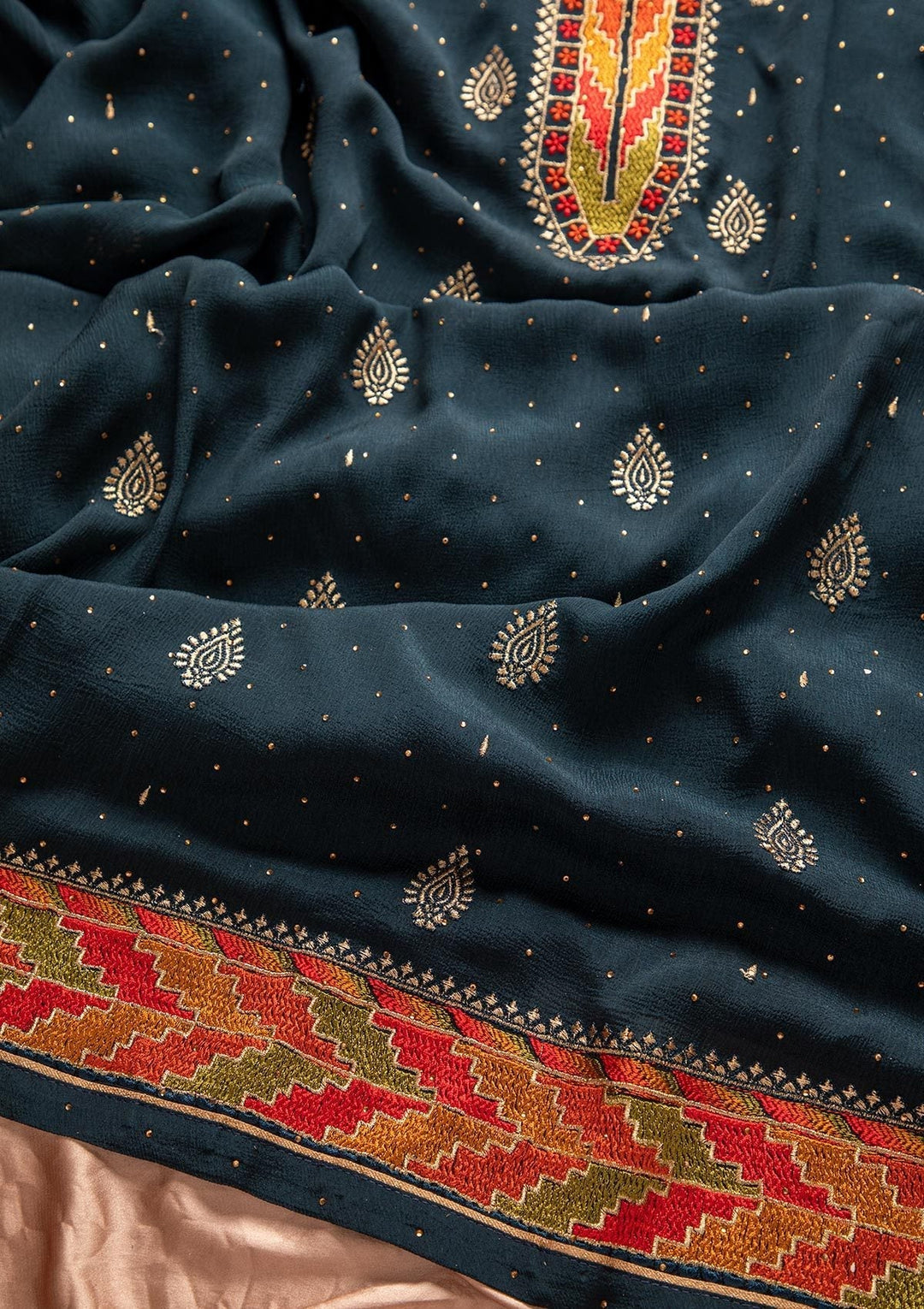 Navy Blue Threadwork Semi Crepe Designer Unstitched Salwar Suit - koskii