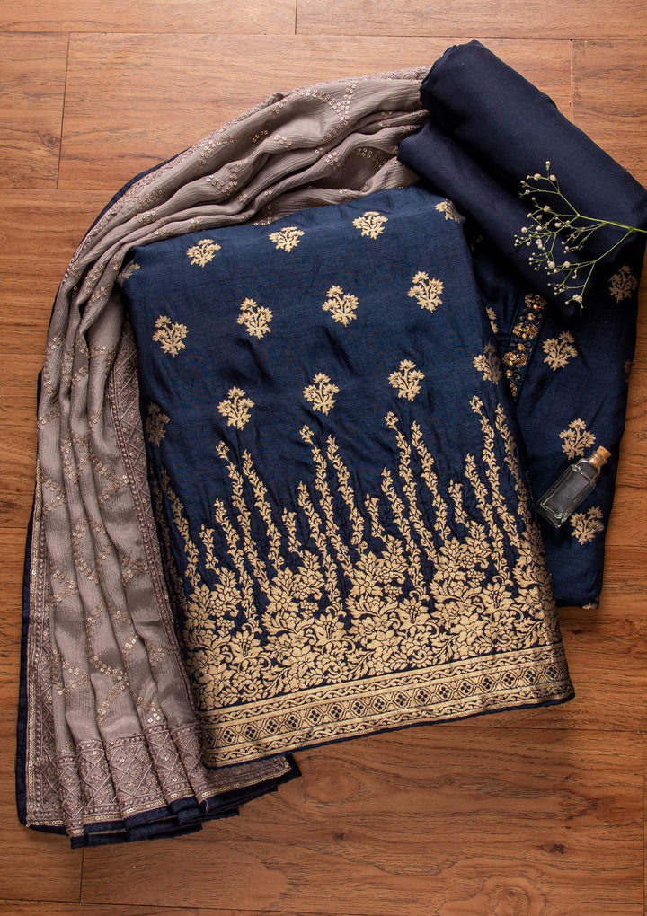 Navy Blue Zariwork Art Silk Designer Unstitched Salwar Suit - koskii