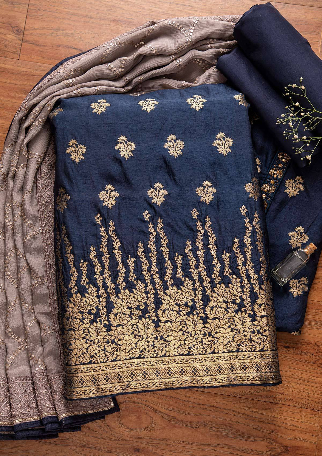 Navy Blue Zariwork Art Silk Designer Unstitched Salwar Suit - koskii