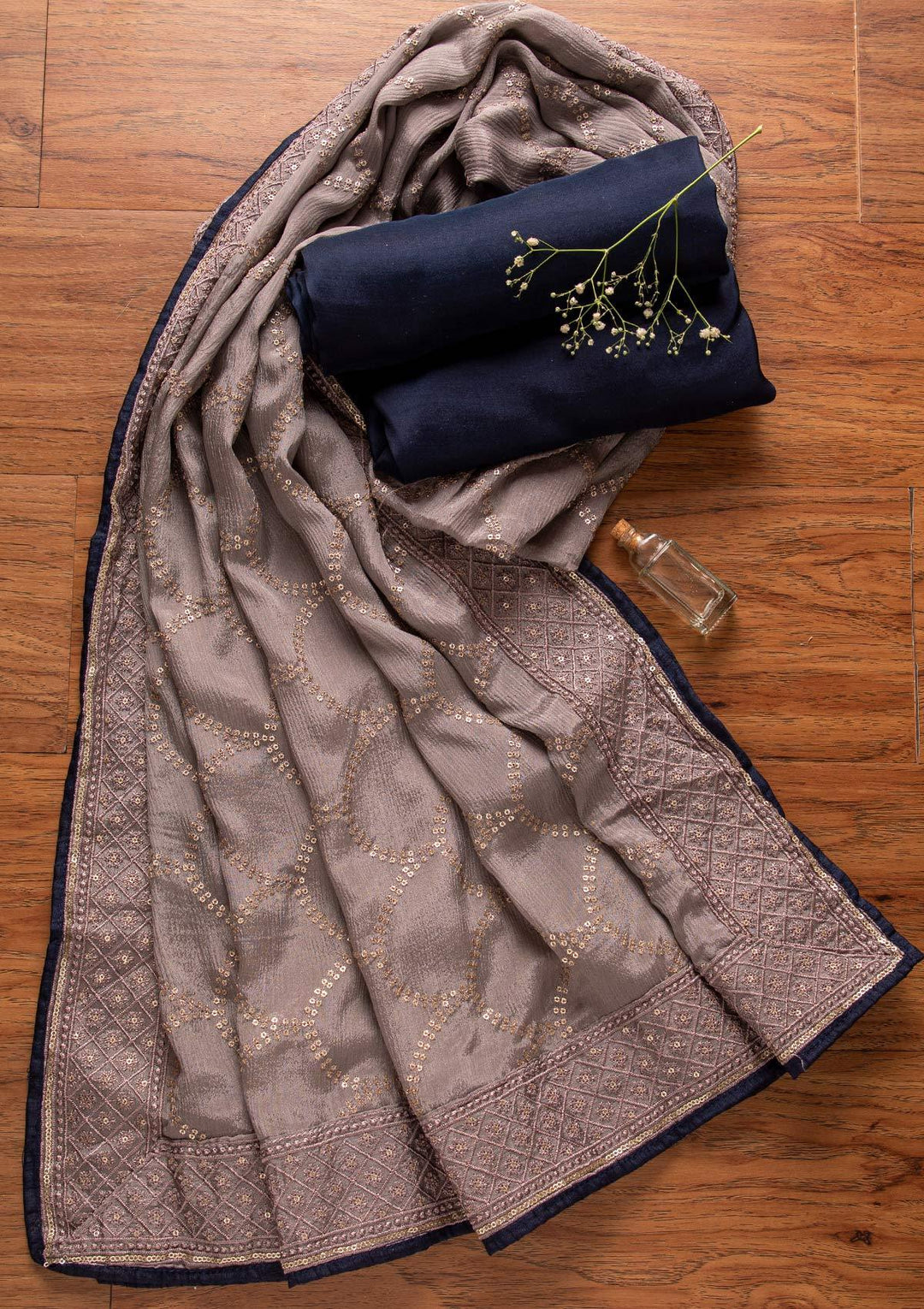 Navy Blue Zariwork Art Silk Designer Unstitched Salwar Suit - koskii