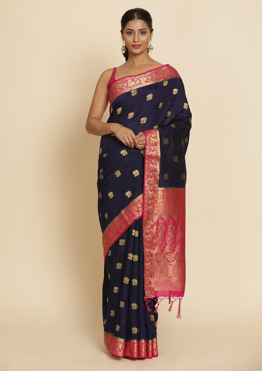 Navy Blue Zariwork Art Silk Designer Saree - koskii