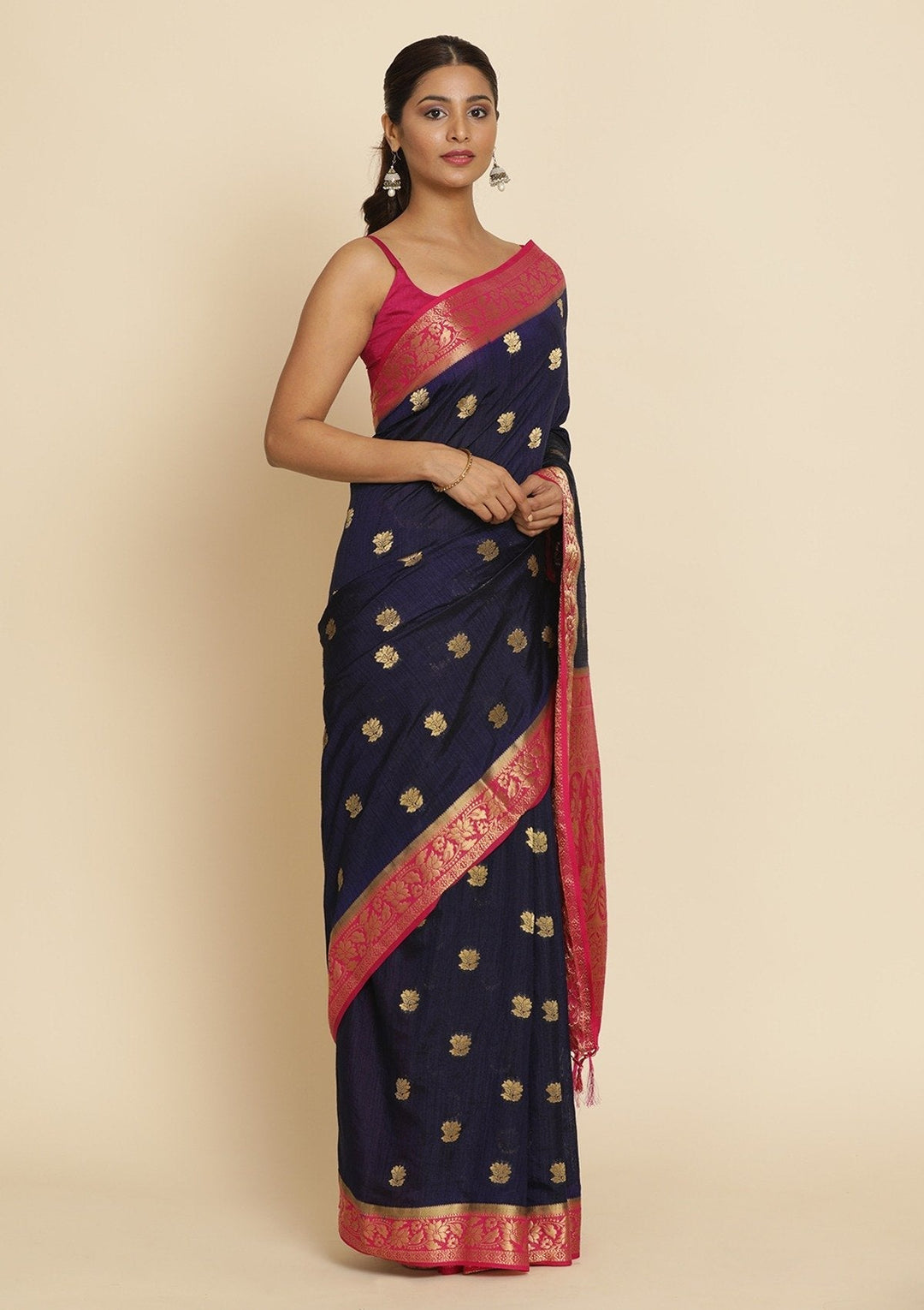 Navy Blue Zariwork Art Silk Designer Saree - koskii