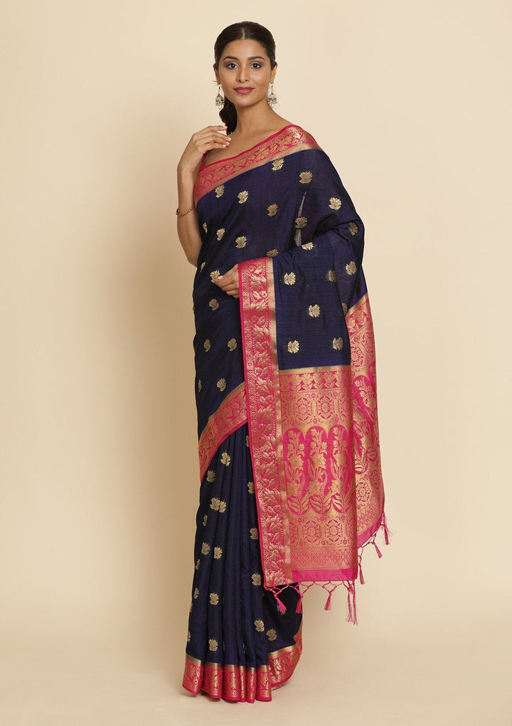 Navy Blue Zariwork Art Silk Designer Saree - koskii