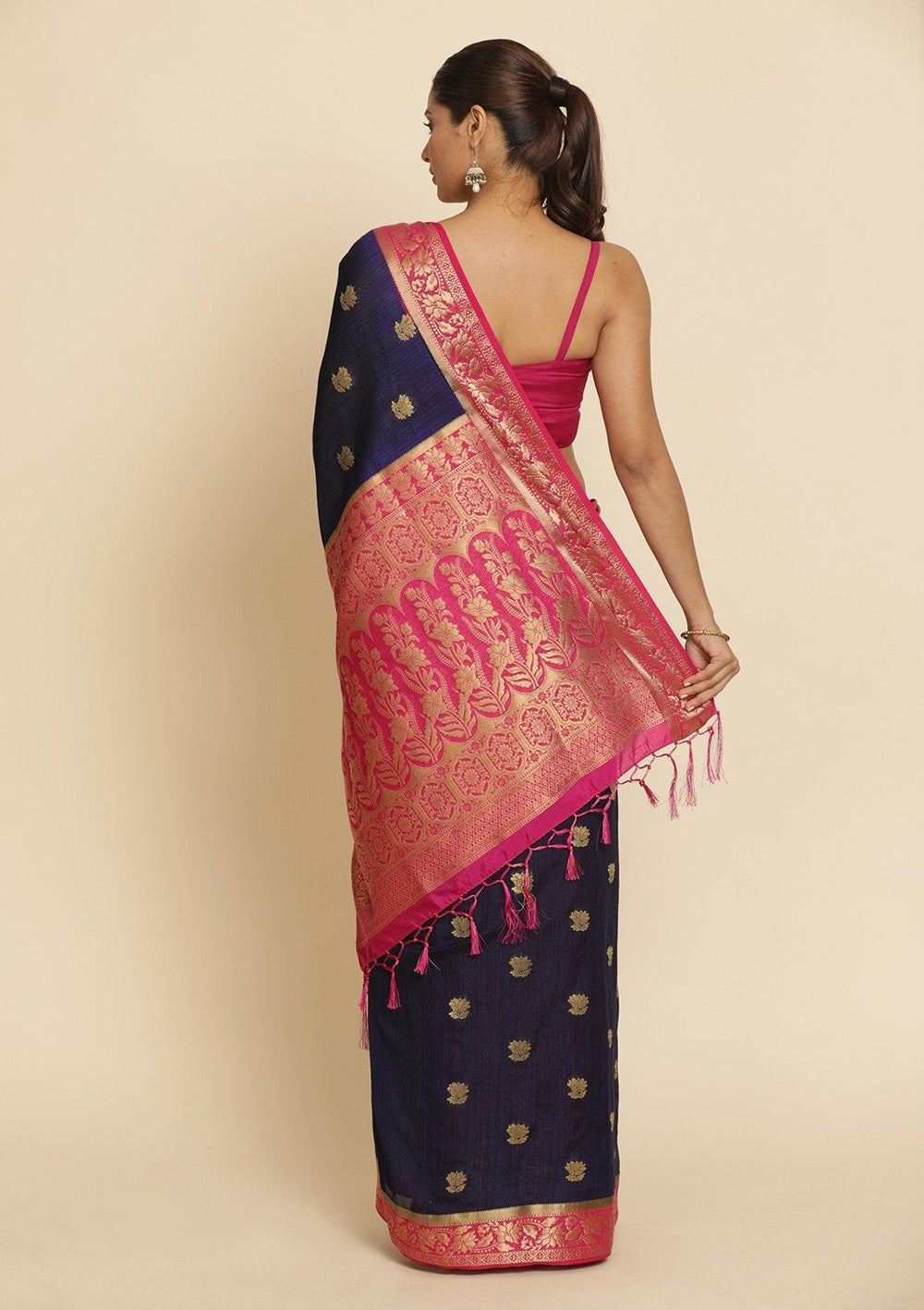 Navy Blue Zariwork Art Silk Designer Saree - koskii