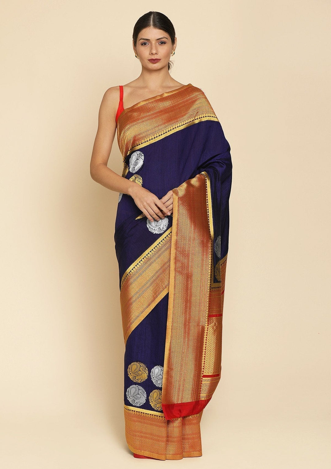 Navy Blue Zariwork Raw Silk Designer Saree - koskii