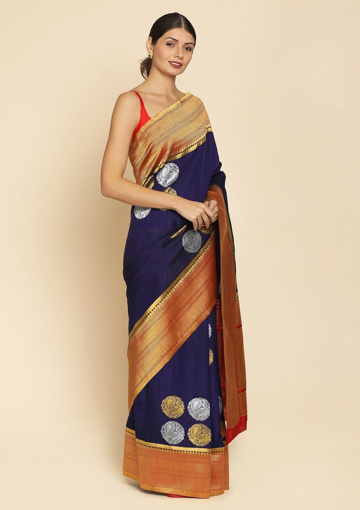 Navy Blue Zariwork Raw Silk Designer Saree - koskii