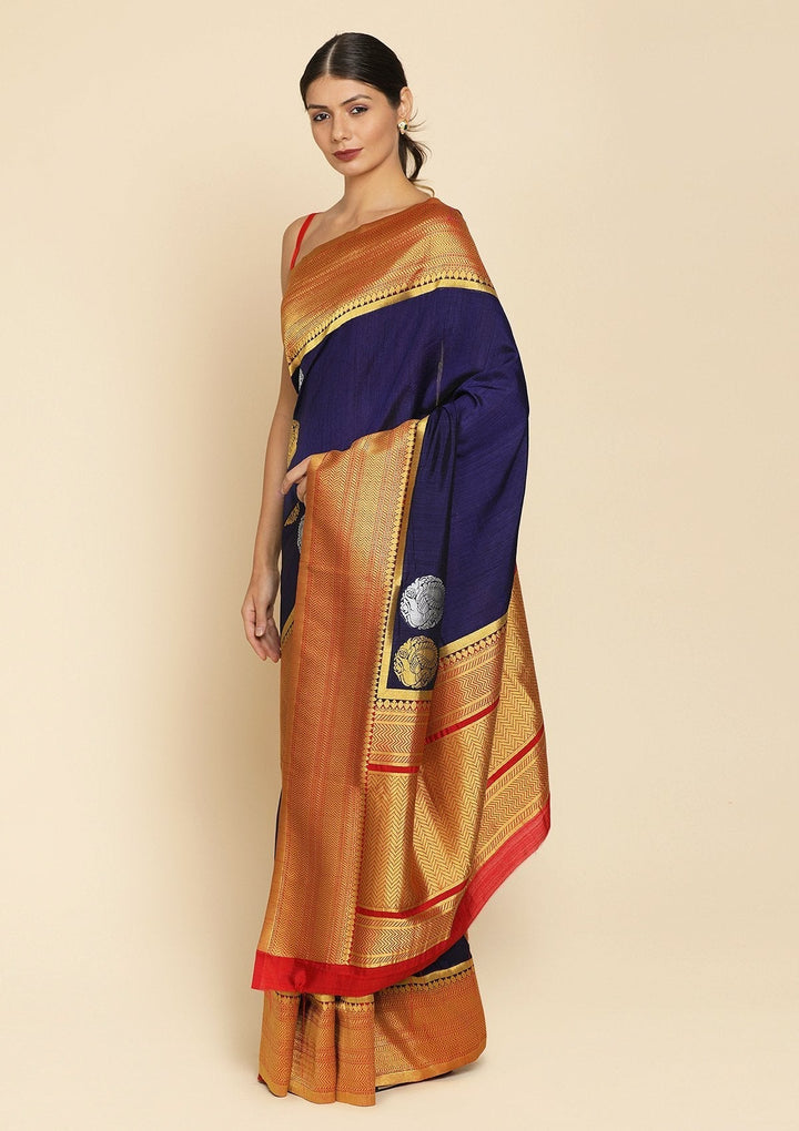 Navy Blue Zariwork Raw Silk Designer Saree - koskii
