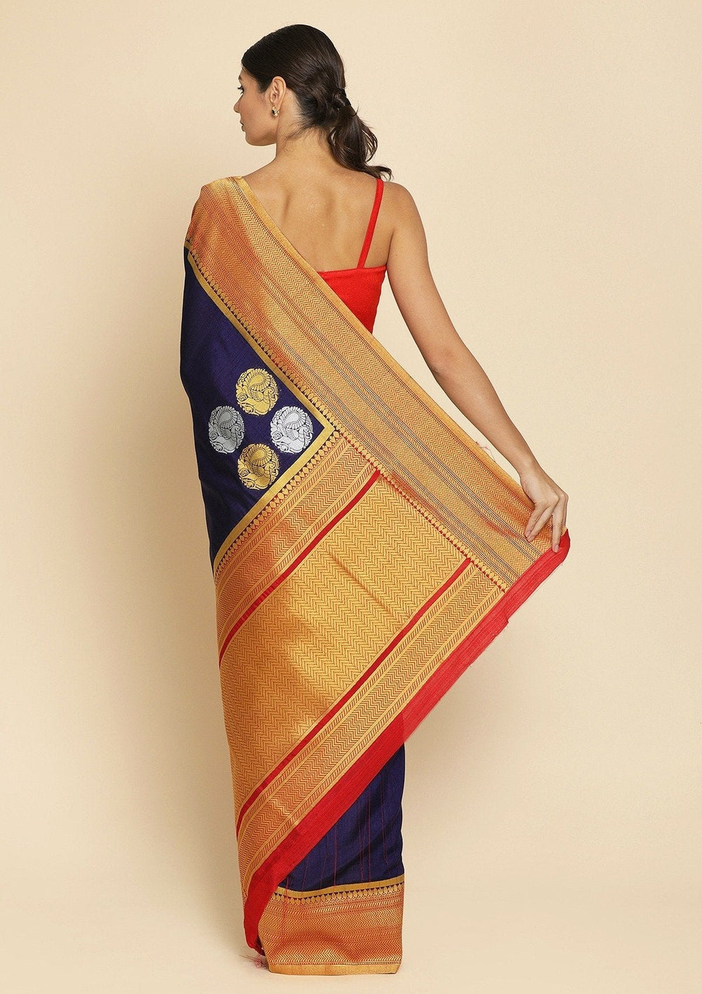 Navy Blue Zariwork Raw Silk Designer Saree - koskii