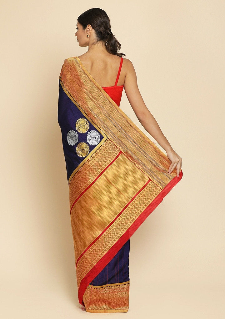 Navy Blue Zariwork Raw Silk Designer Saree - koskii