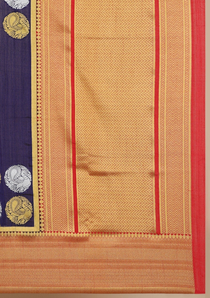 Navy Blue Zariwork Raw Silk Designer Saree - koskii